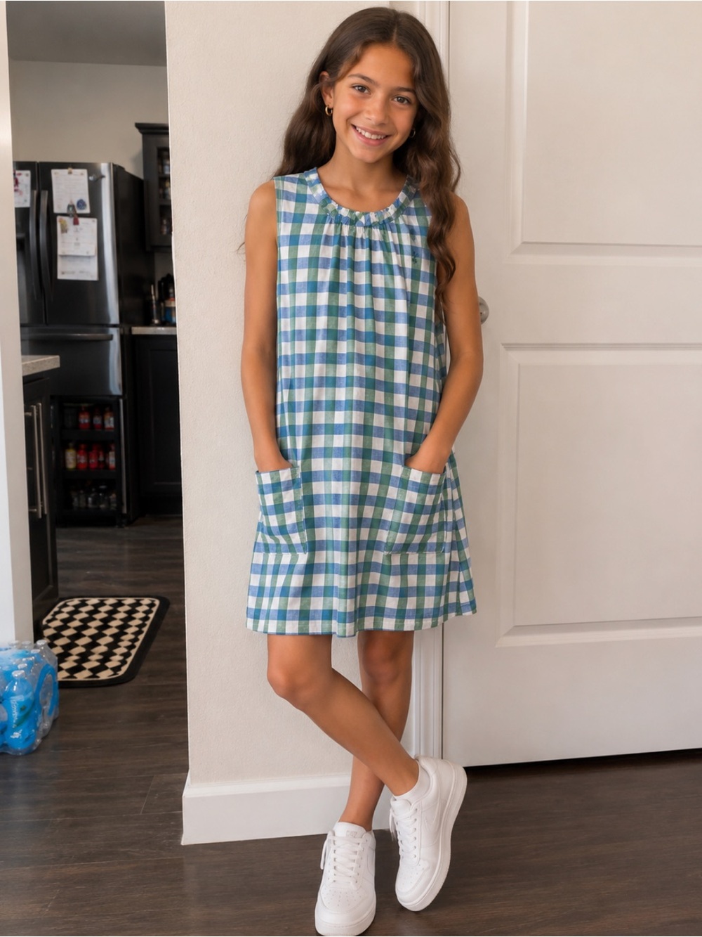 Blue & Green Gingham Sleeveless Pocket Dress